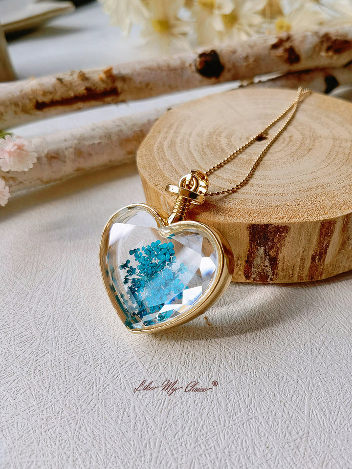 Queen Anne Lace Floral Crystal Glass Heart Necklace