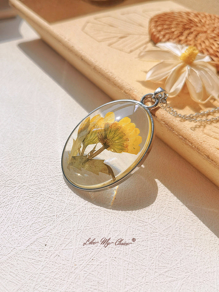Resin Pendant Necklace With  Yellow Cosmos Dried Flowers