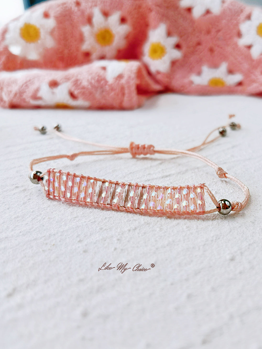Verstelbare kralenarmband met trekkoord Roze Bali Stack