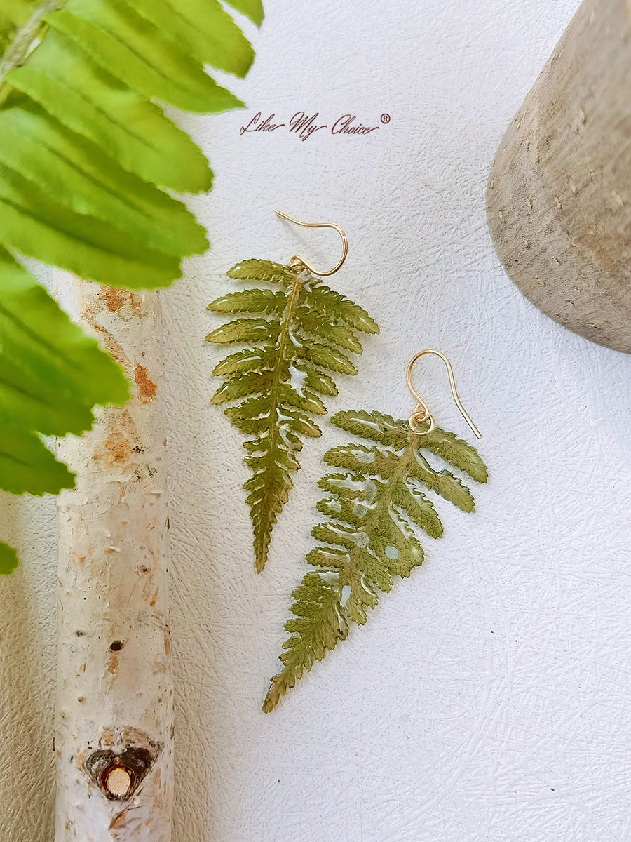 Natural Forest Fern Resin Leaf Botanical Pressed Flower Earrings
