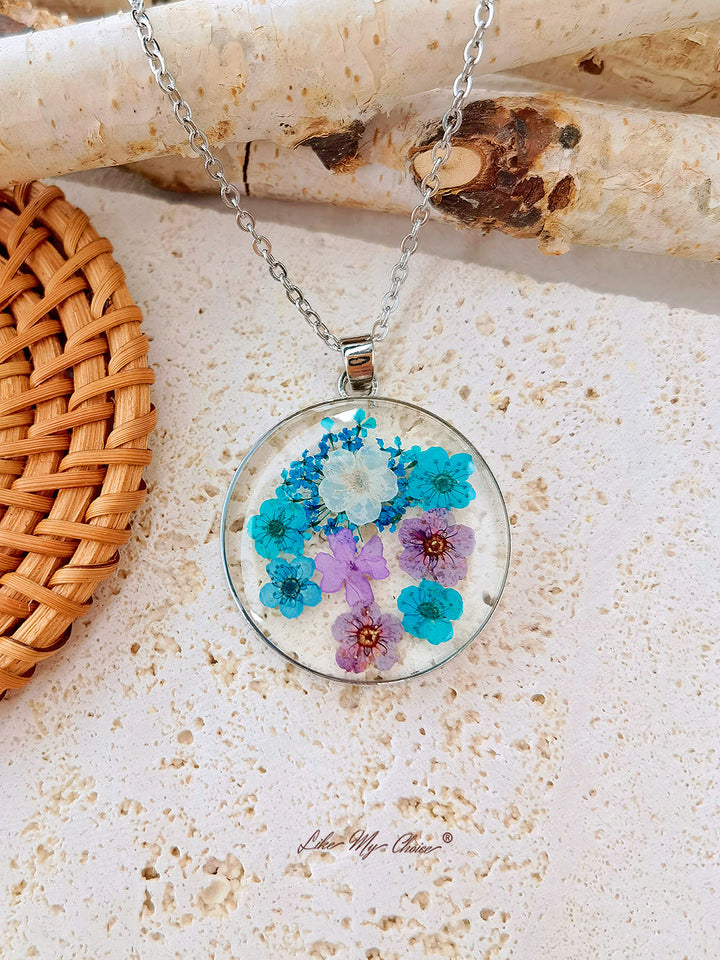 Forget me not Queen Anne Lace Pressed Flower Necklace