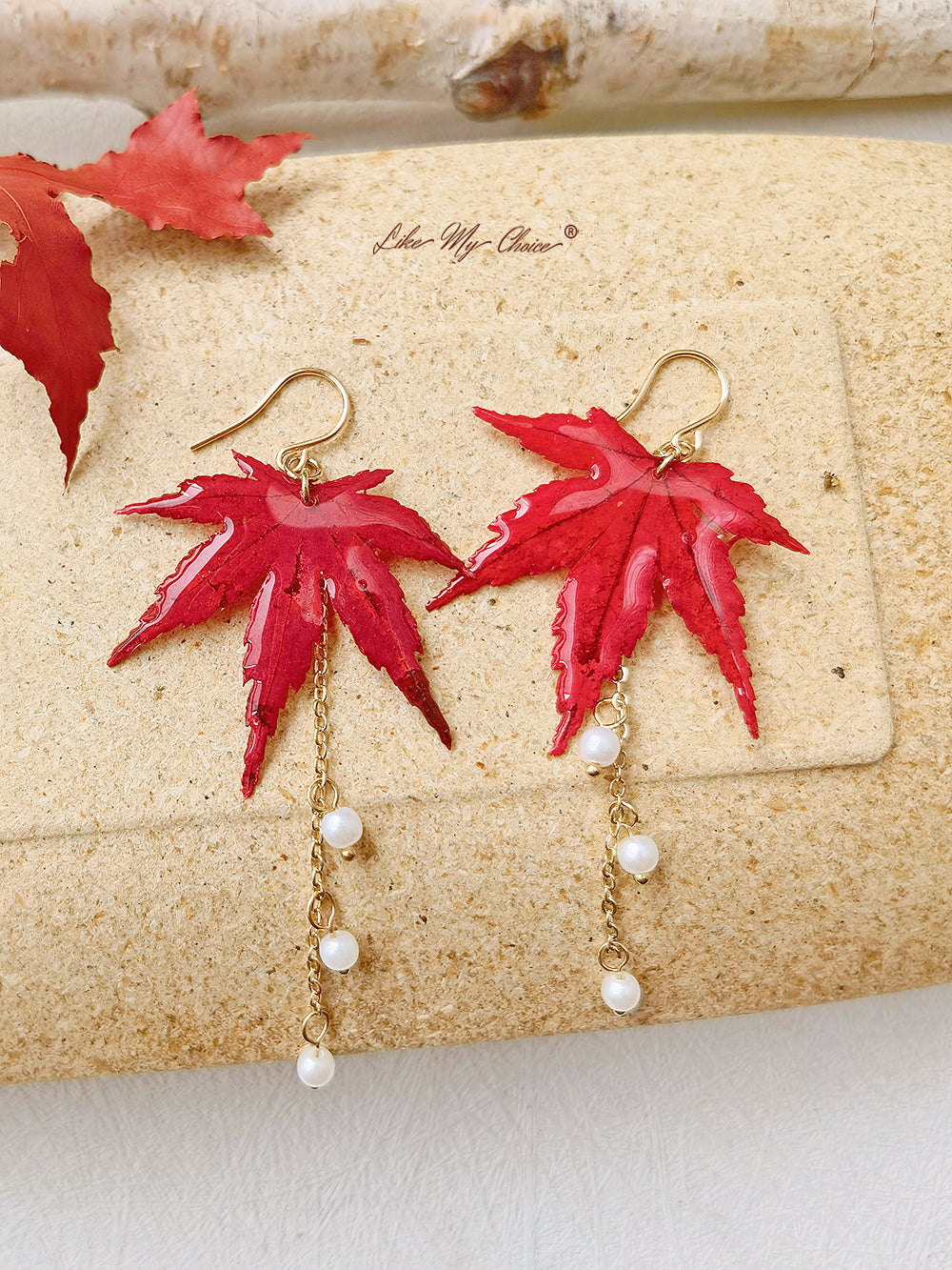 Sun Catcher Maple Leaf Resin Gold Pearl Earrings