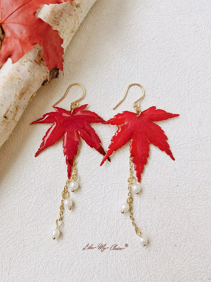 Sun Catcher Maple Leaf Resin Gold Pearl Earrings
