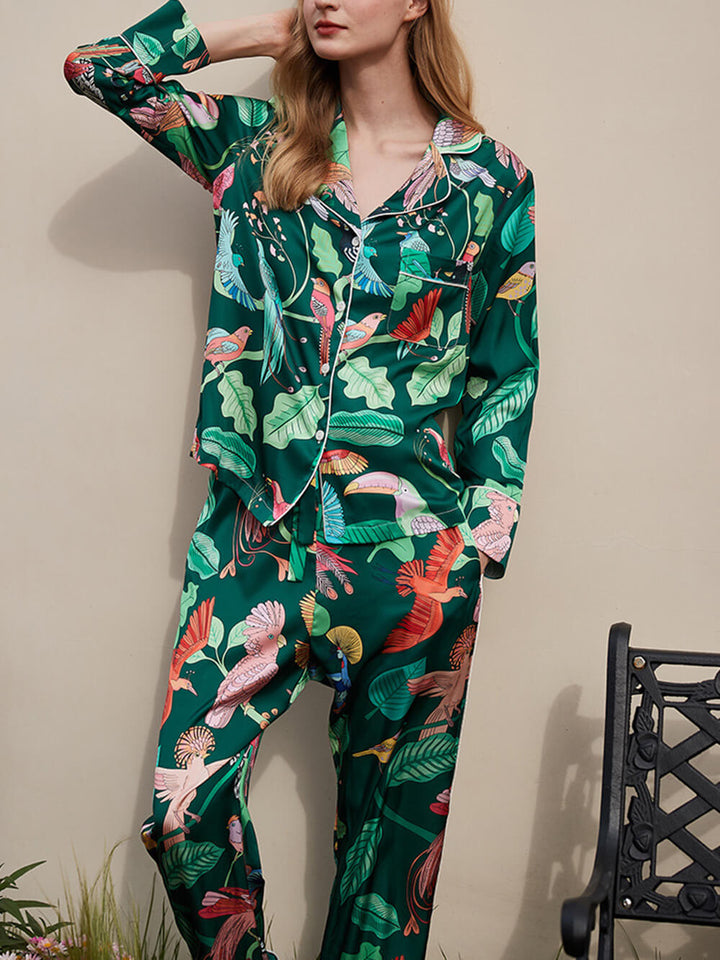 Gréng Papageien Print Seid Pyjama Set