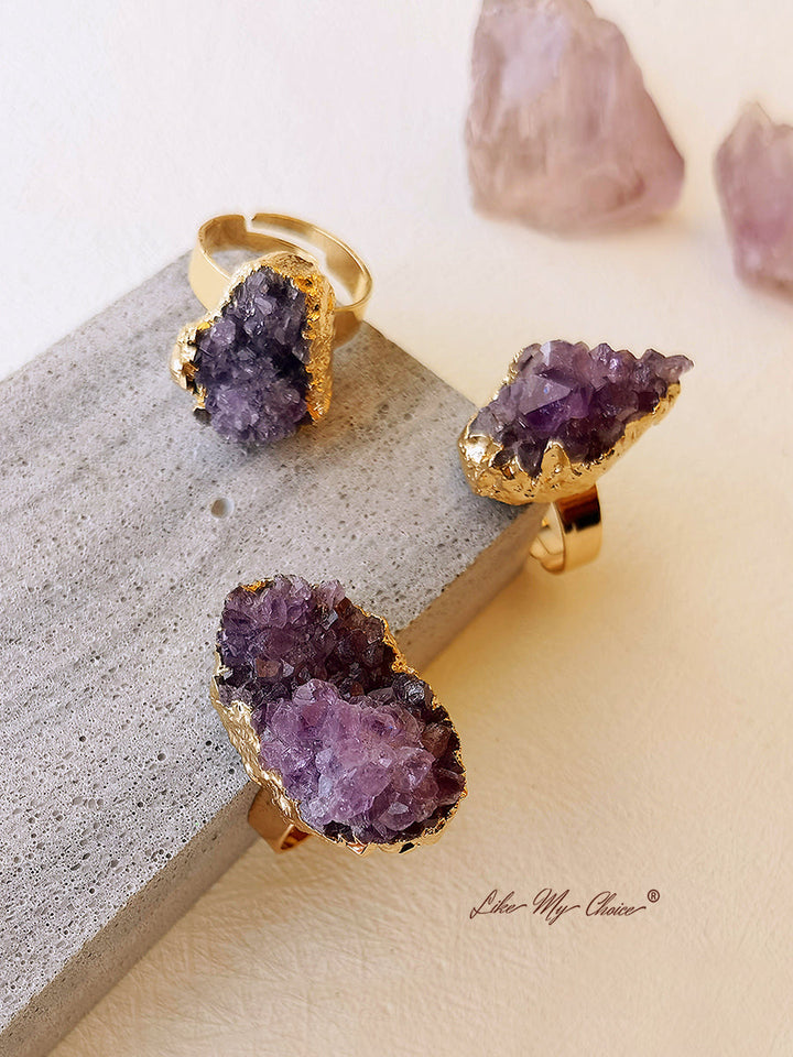 天然紫水晶镀金戒指