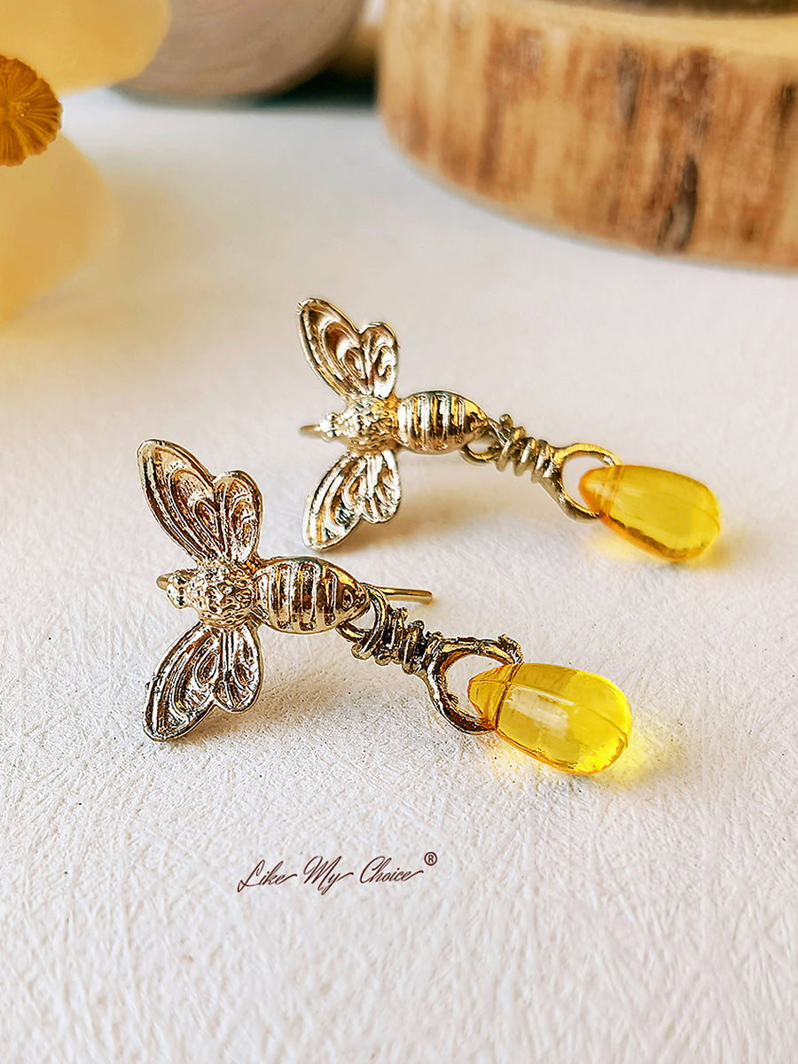 Gold Retro Bee Drop Earrings