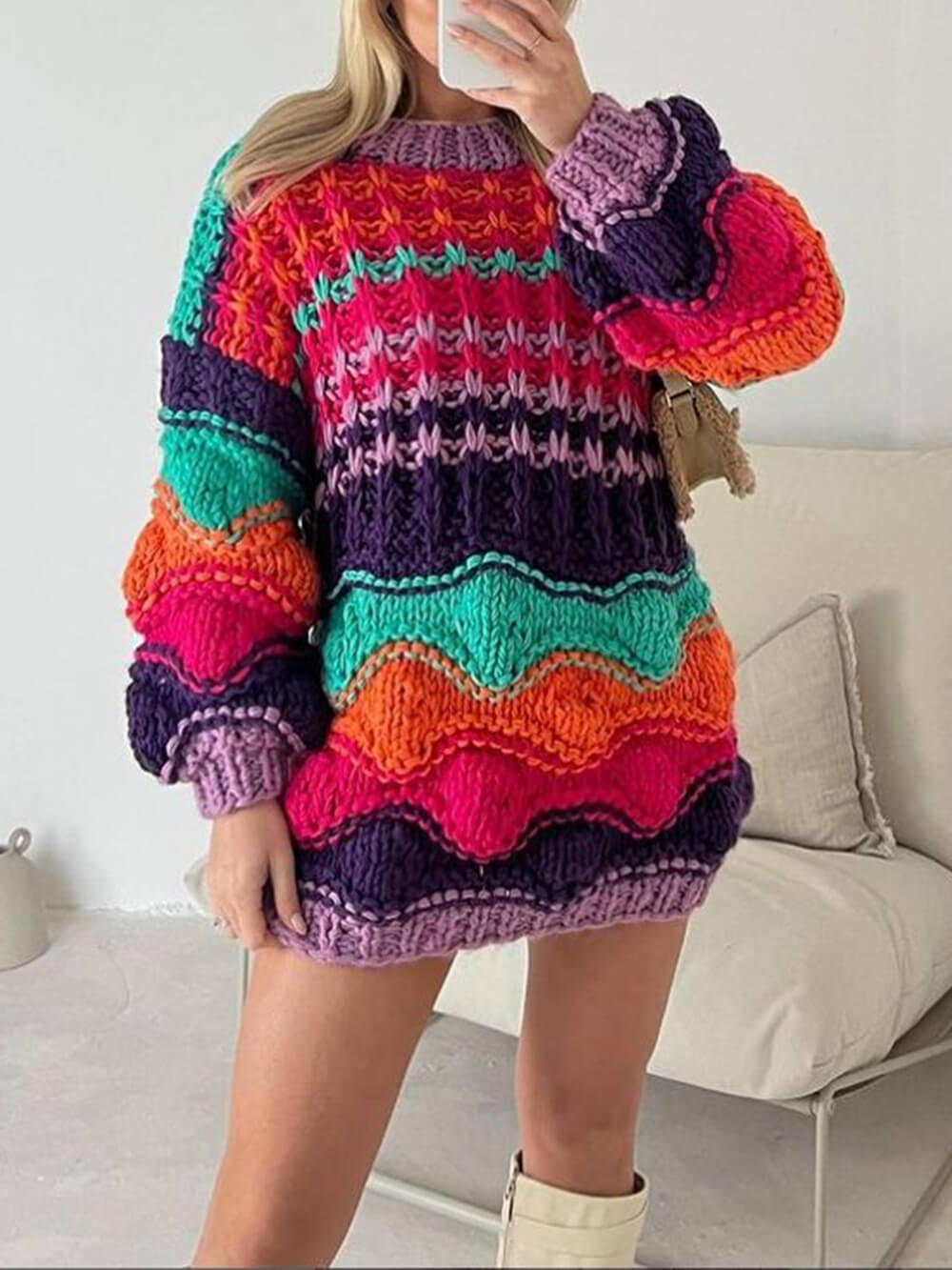 彩色波浪针织毛衣连衣裙