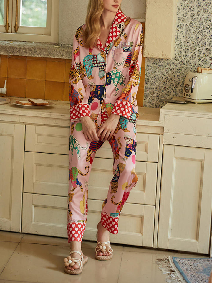 Dressing Leopard Print Silke Pyjamas Sæt