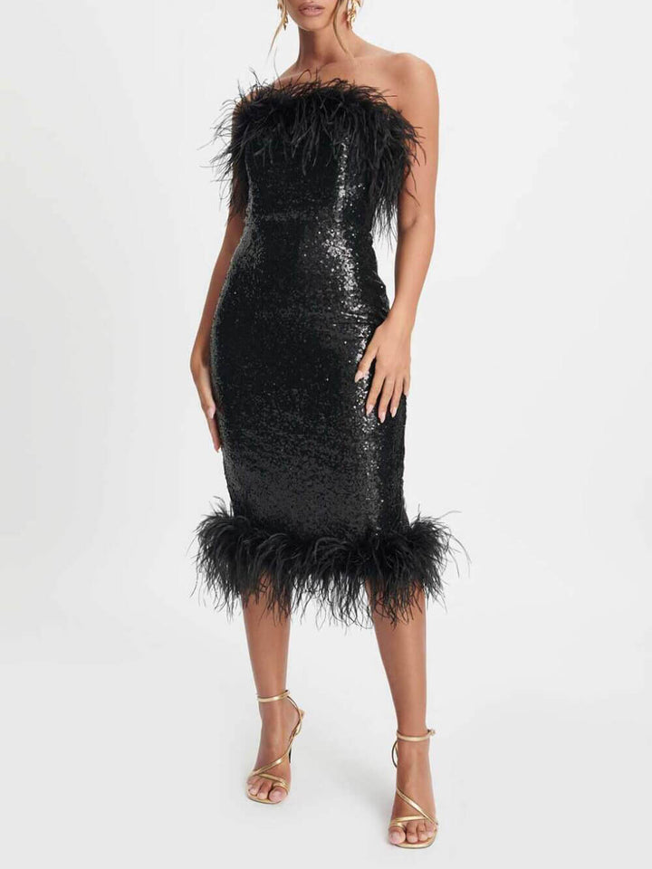 Black Sophia Bandeau Sequin Midi Dress With Feather Trim