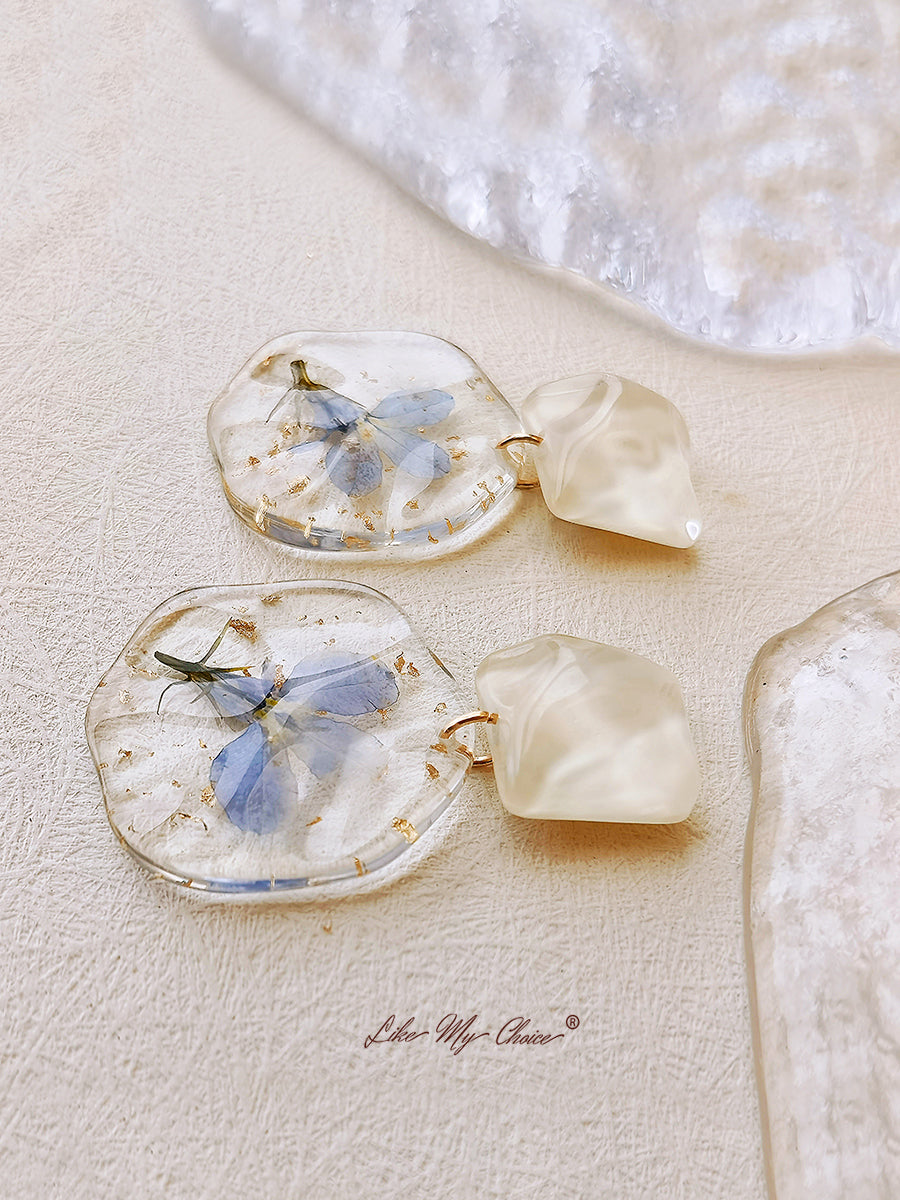 עגילי פרחים דחוסים - אפוקסי וינטג' כחול רומנטי