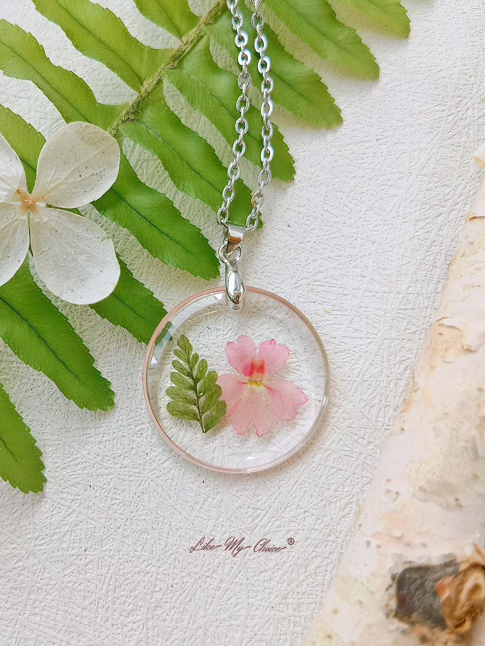 Natural Fern Mallow Resin Pressed Flower Botanical Pendant Necklace