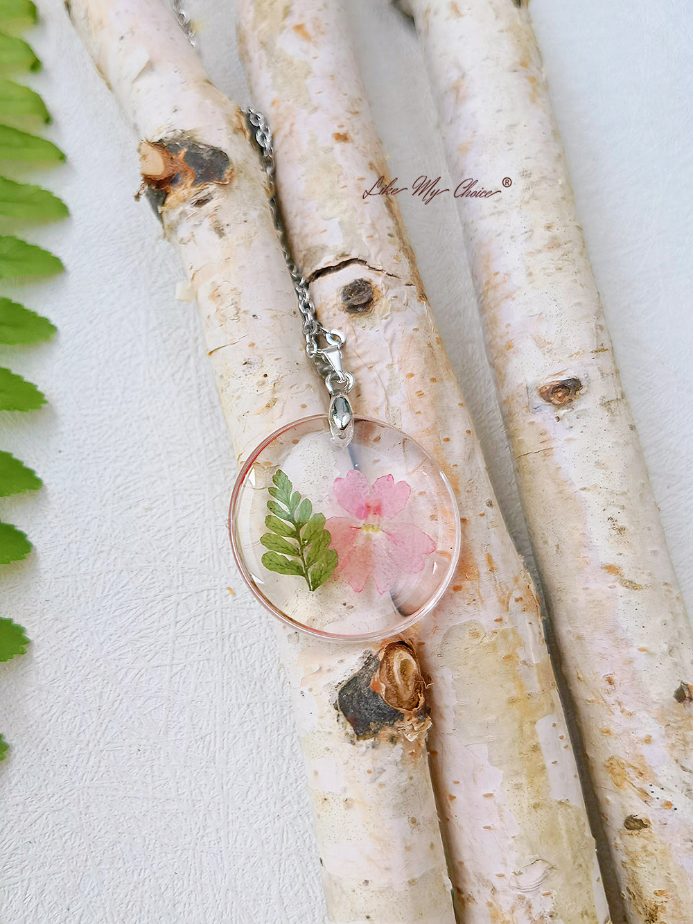 Natural Fern Mallow Resin Pressed Flower Botanical Pendant Necklace