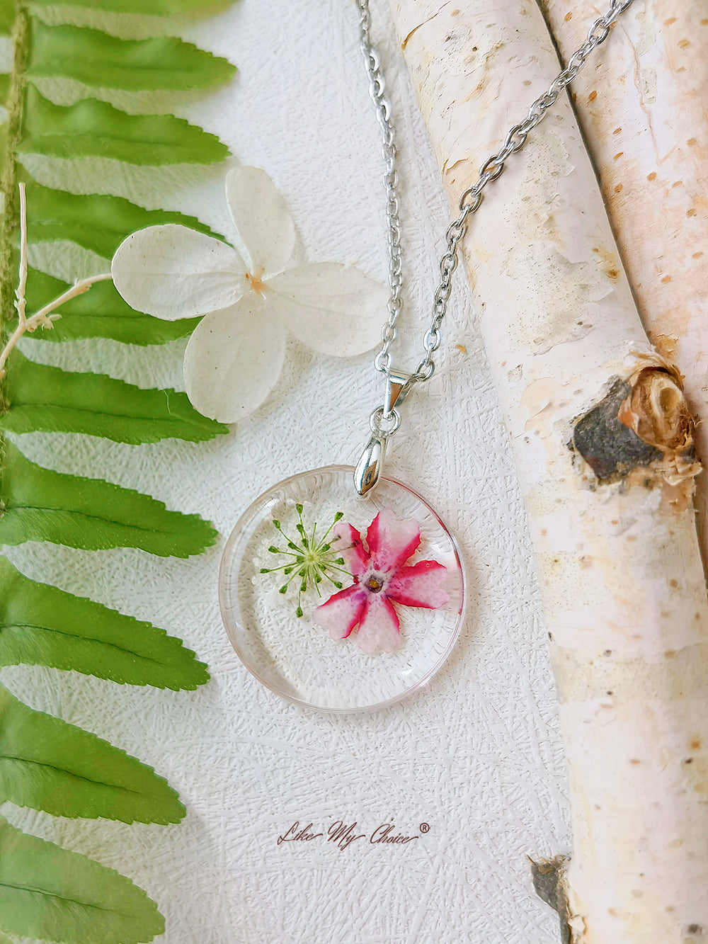 Queen Anne Lace Pink Mallows Flower Botanisk Pendant Circle Halskæde