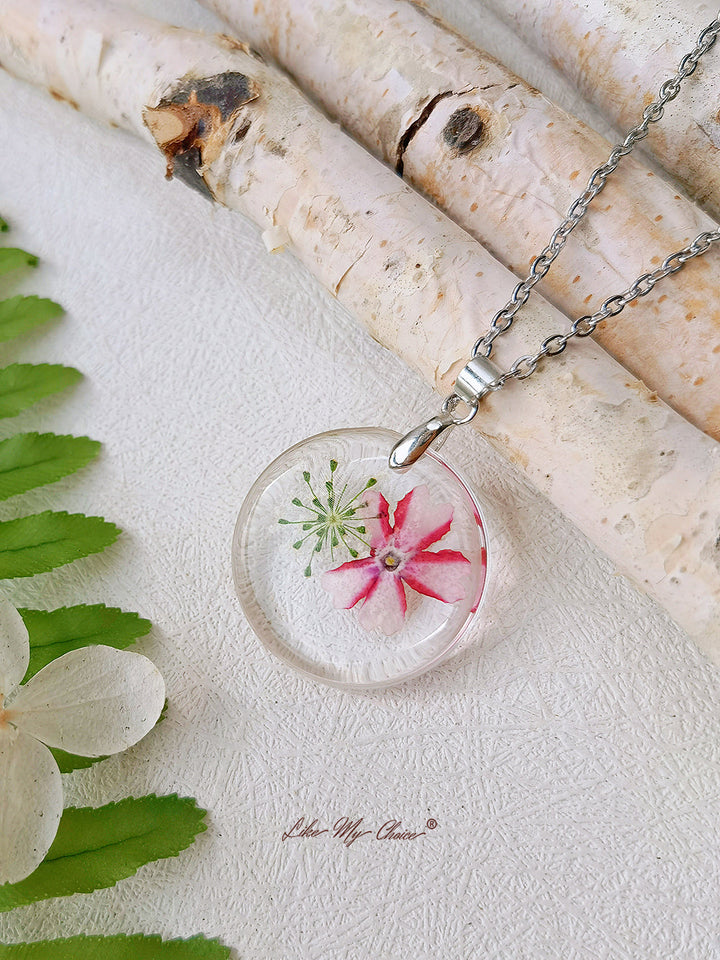 Queen Anne Lace Pink Mallows Flower Botanical Pendant Circle Necklace