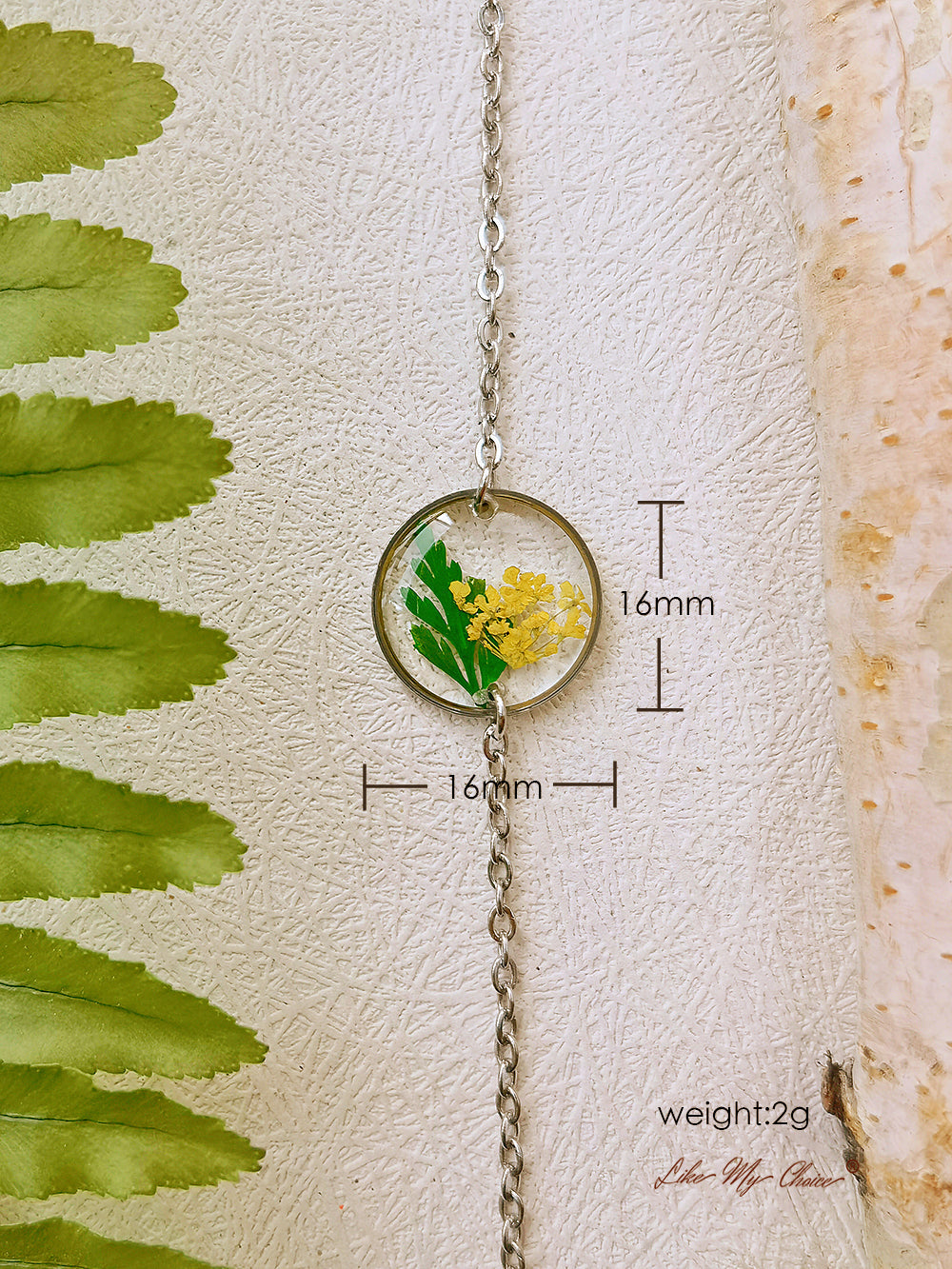 Yellow Queen Anne Lace Handmade Pressed Flower Forest Fern Resin Leaf Round Bracelet