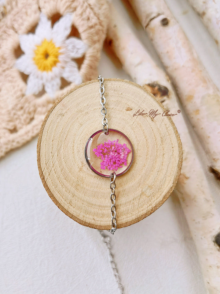 Pulseira redonda de resina de flor prensada artesanal de renda rosa Queen Anne