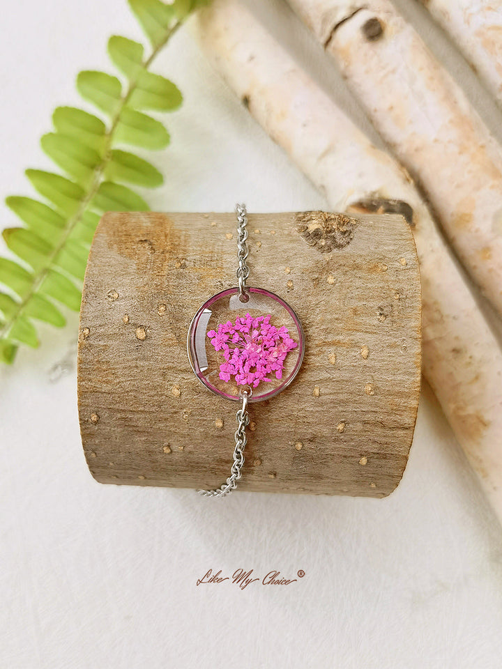 Pink Queen Anne Lace Handmade Pressed Flower Resin Round Bracelet