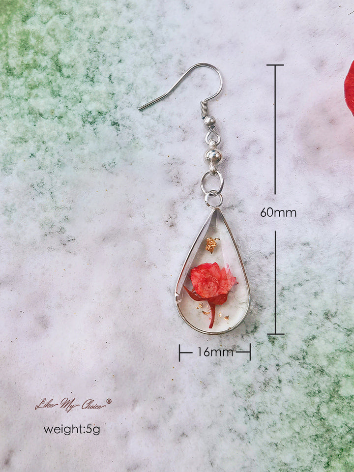Red Rose Dried Flower Drop Earrings