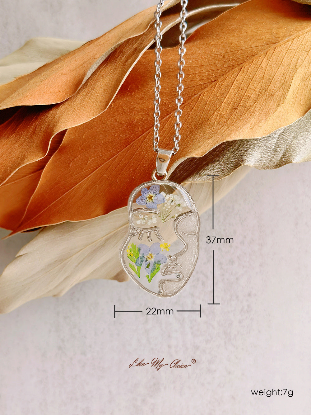 Forget Me Not Resin Pressed Flower Abstract Face Necklace