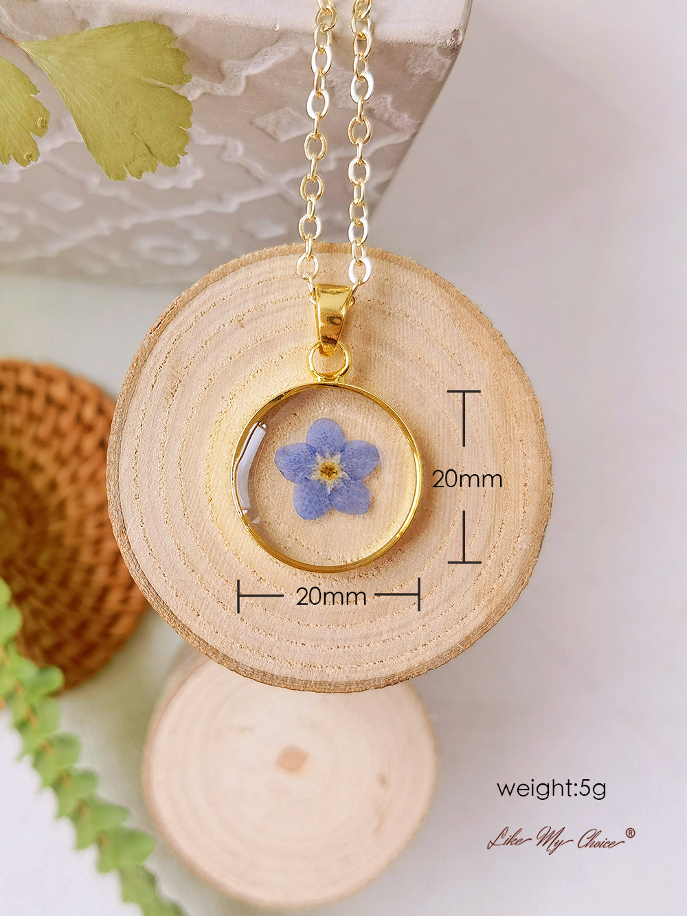 Forget Me Not Gold Plated Memorial Pressed Flower Pendant Necklace