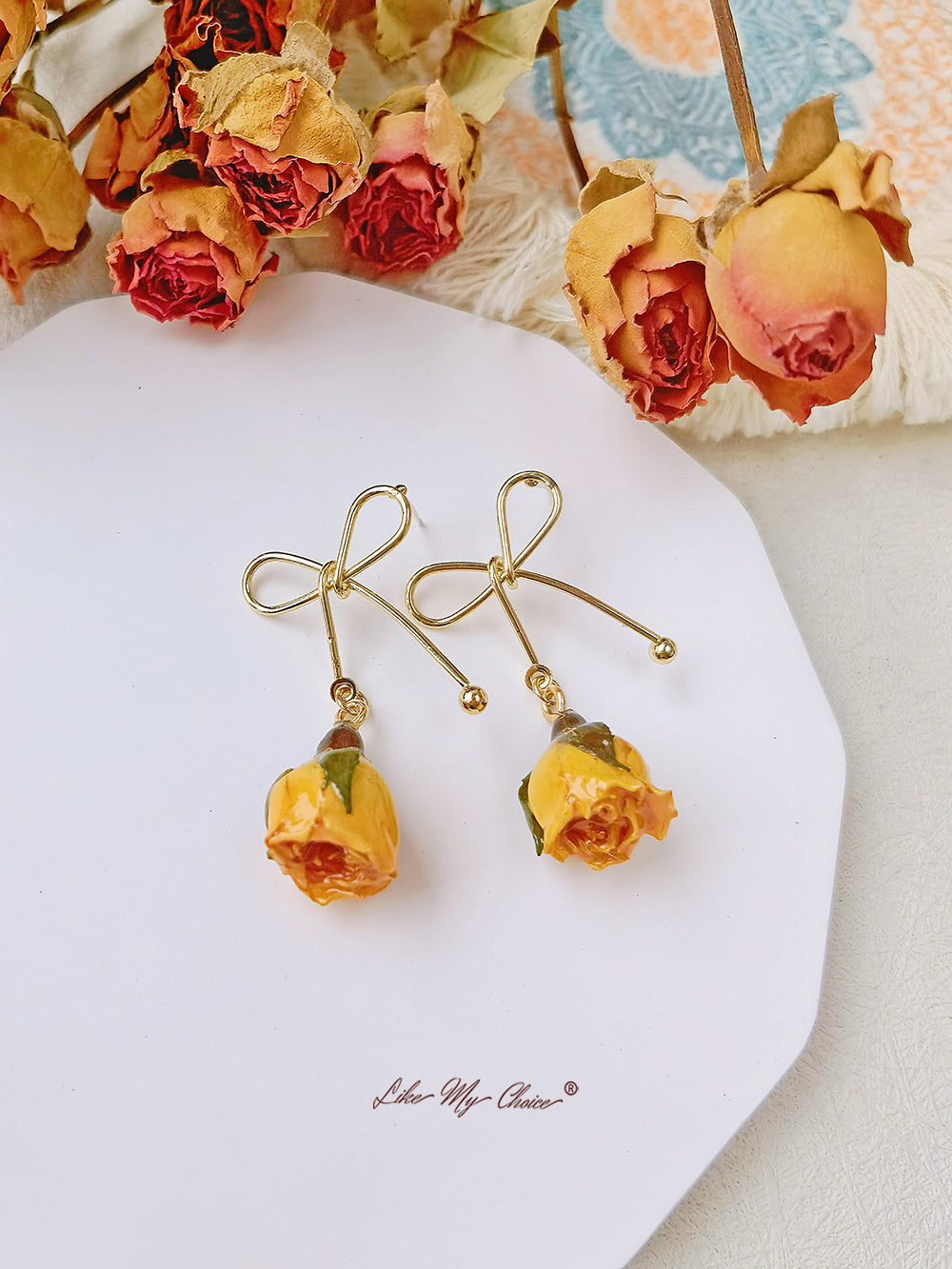 Rose Bow Dried Flowers Earrings
