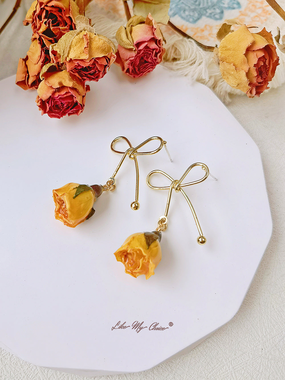 Rose Bow Dried Flowers Earrings