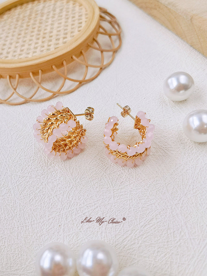 Three-Layered C-shaped Pearl Earrings with Geometric Design