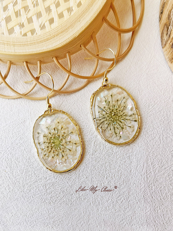 Pressed Flower Earrings - Queen Anne's Lace Flowers Ovar