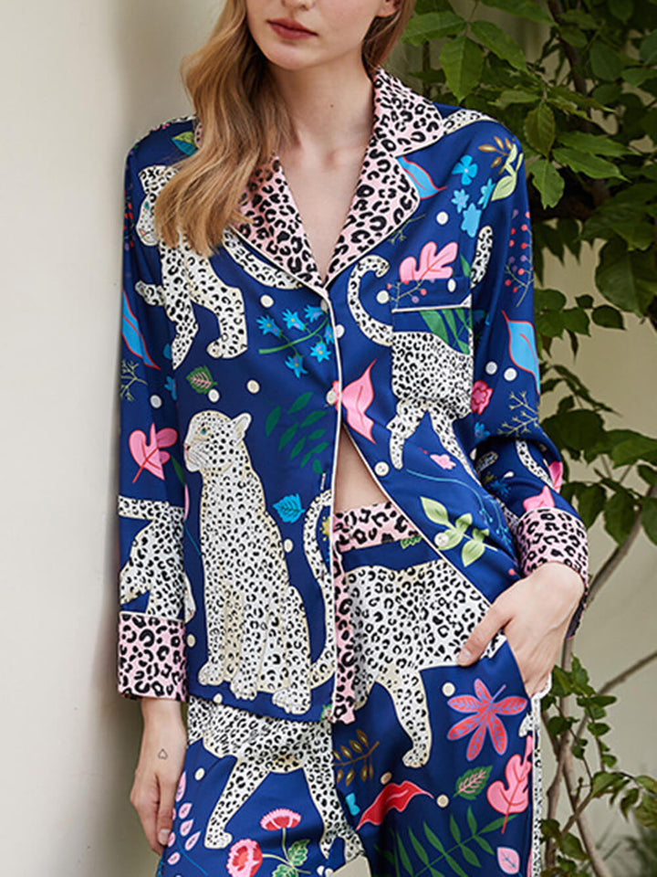Blue Snow Leopard Print Pajama Set