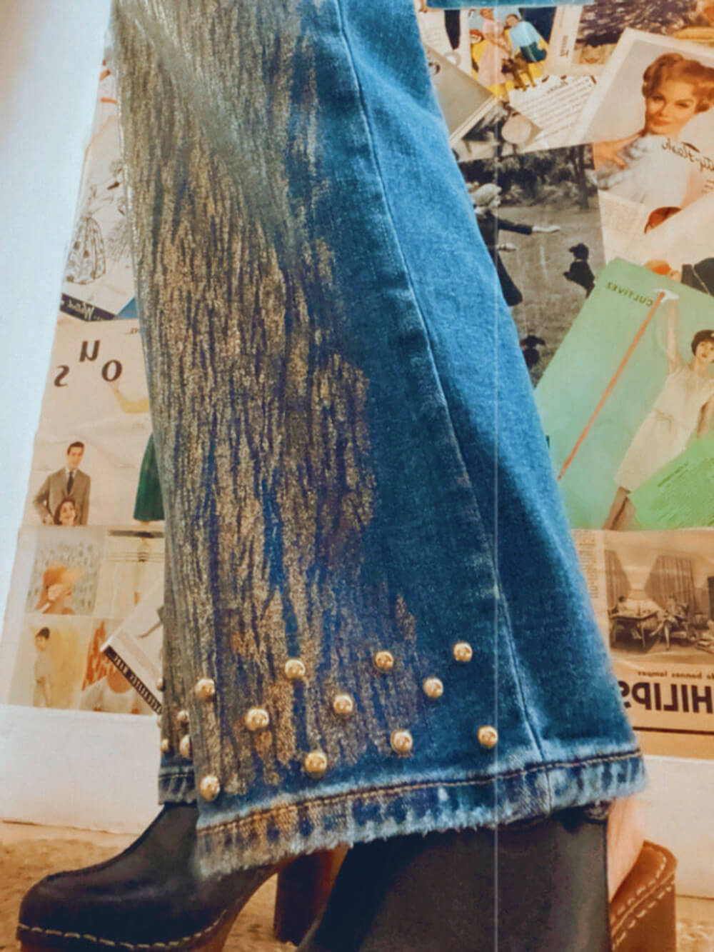 Glittrande pärlformade jeans med vida ben