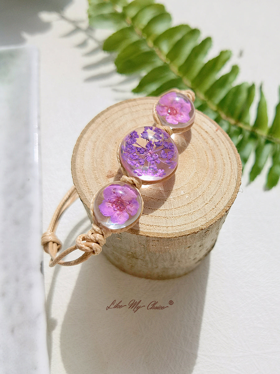 Brazalete de cuerda ajustable con cubierta de cristal de piedras preciosas de flor de cerezo