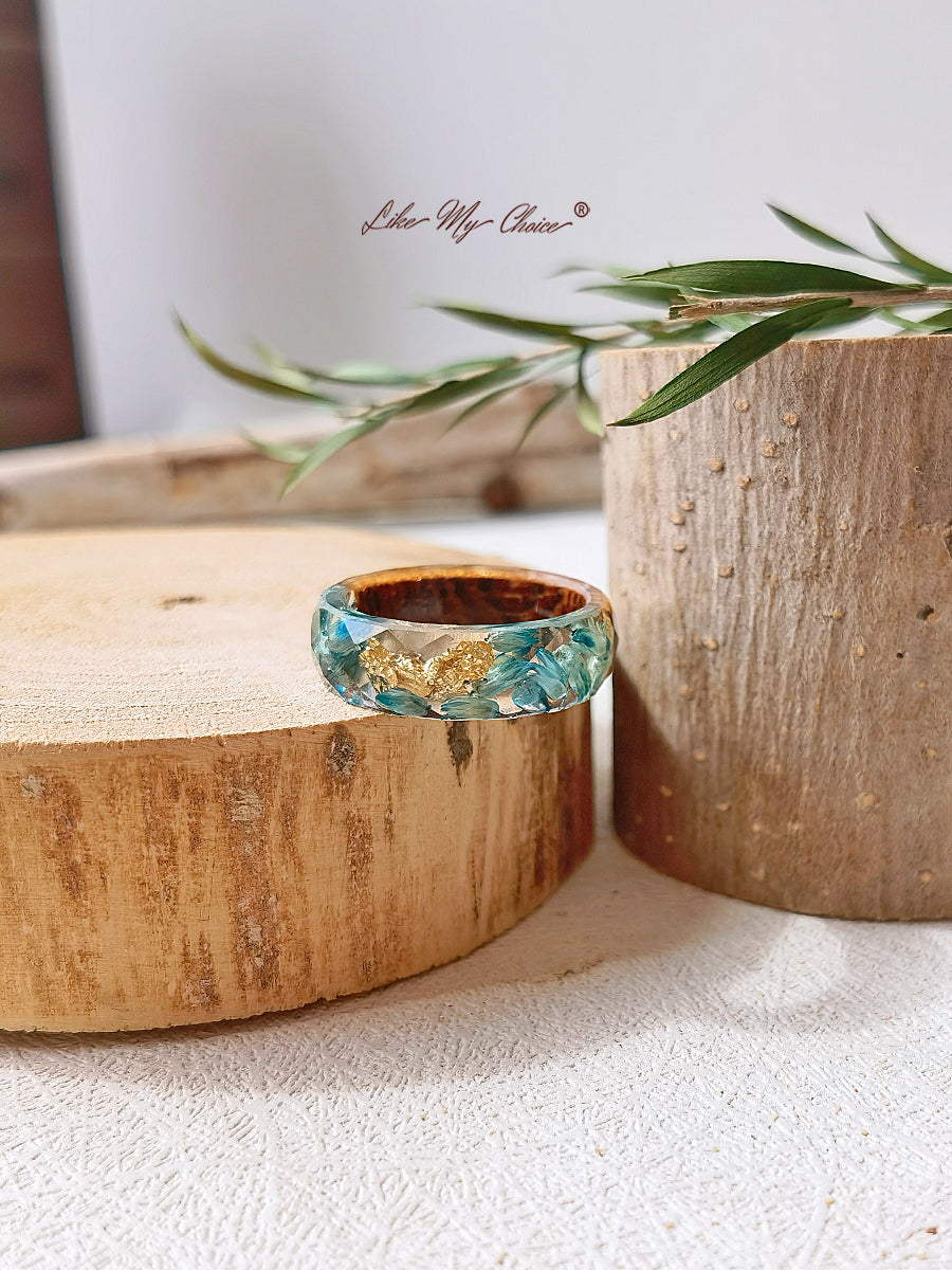 Handgemaakte gedroogde bloem ingelegde hars ring-goudfolie blauw