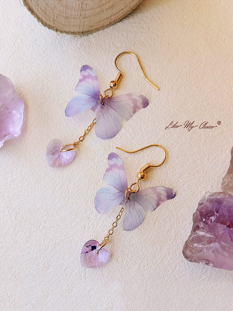 Boucles d'oreilles pendantes papillon violet et pierres précieuses en forme de cœur