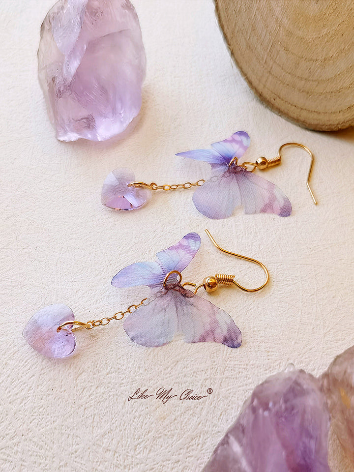 Boucles d'oreilles pendantes papillon violet et pierres précieuses en forme de cœur