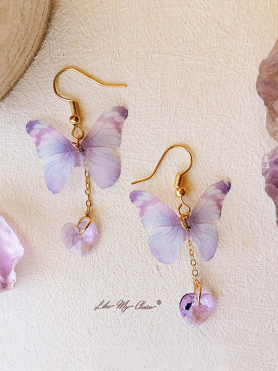 Purple Butterfly and Heart Gem Drop Earrings