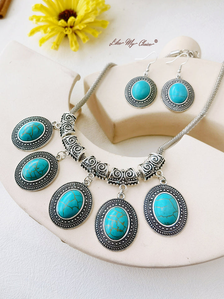Retro Antique Synthetic Stone Water Pendant Necklace Earrings Sets