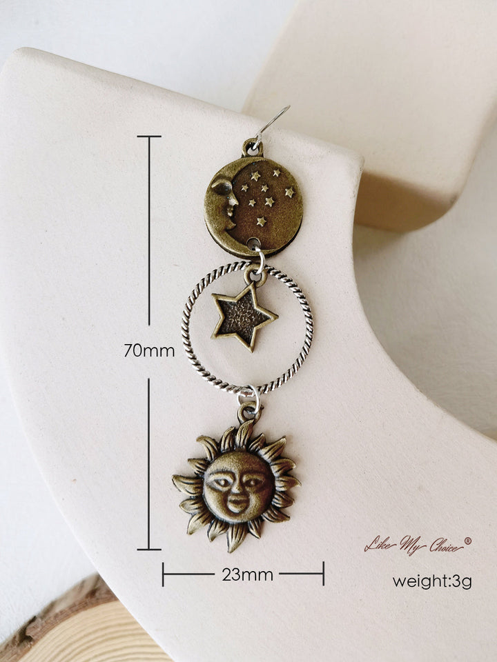 Orecchini Boho con pendente in bronzo a forma di mezzaluna e stella solare