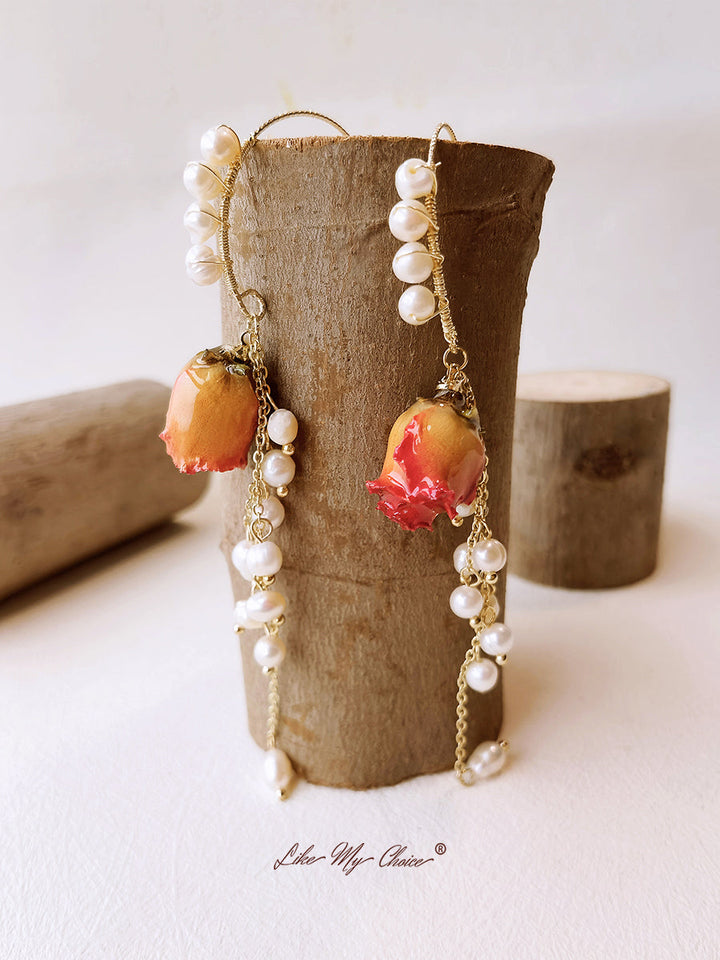 Pressed Flower Earrings - Pearl Dried Rose Flower