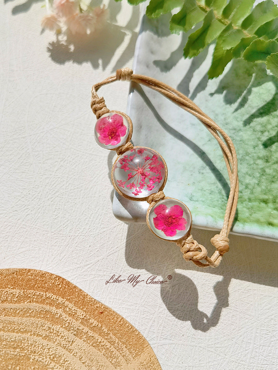 Cherry Blossom Gemstone Glass Cover Charms Adjustable Rope Strand Bangle Bracelet