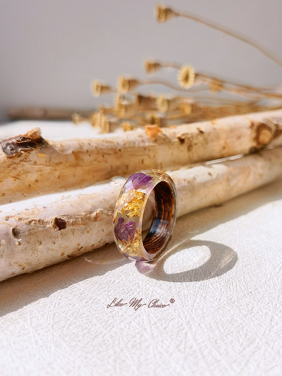 Handmade Dried Flower Inlaid Resin Ring-Gold Foil Purple