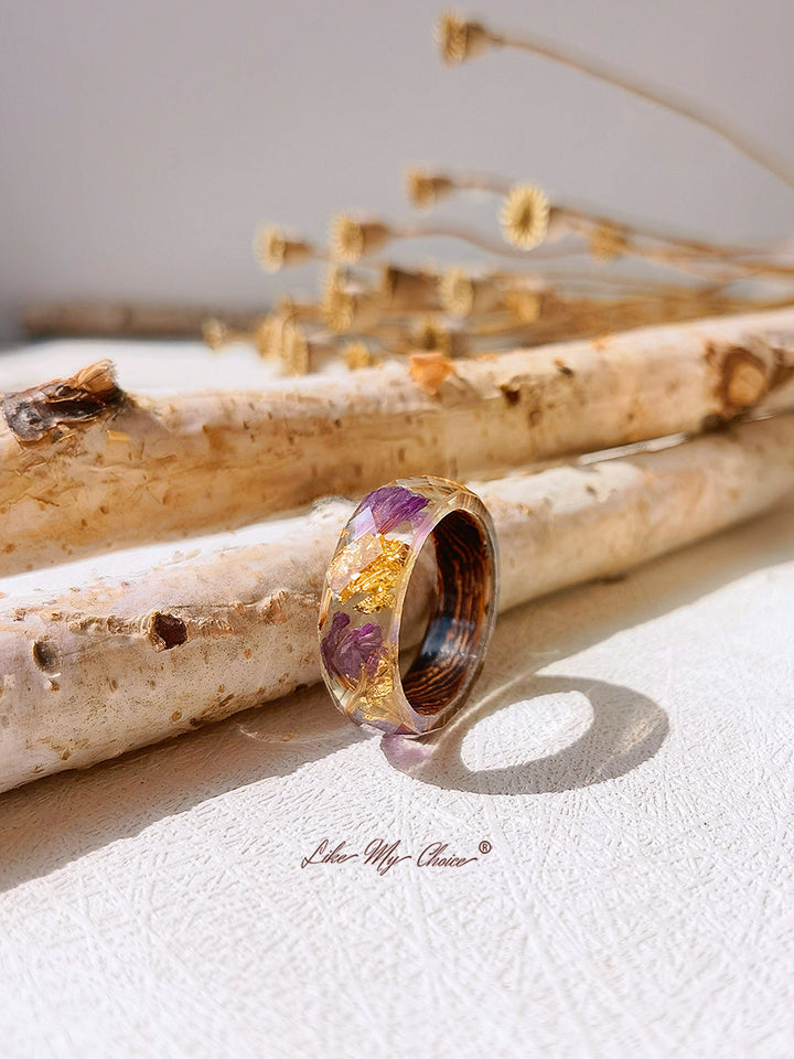 Anillo de resina con incrustaciones de flores secas hecho a mano, hoja de oro, púrpura