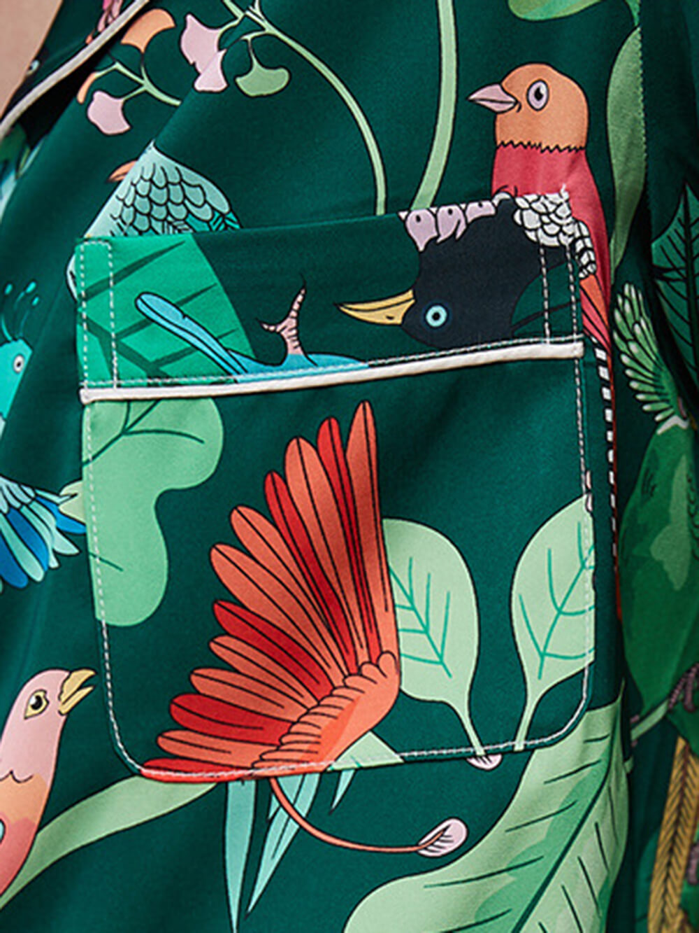 Set de pijamale din mătase cu imprimeu verde papagal