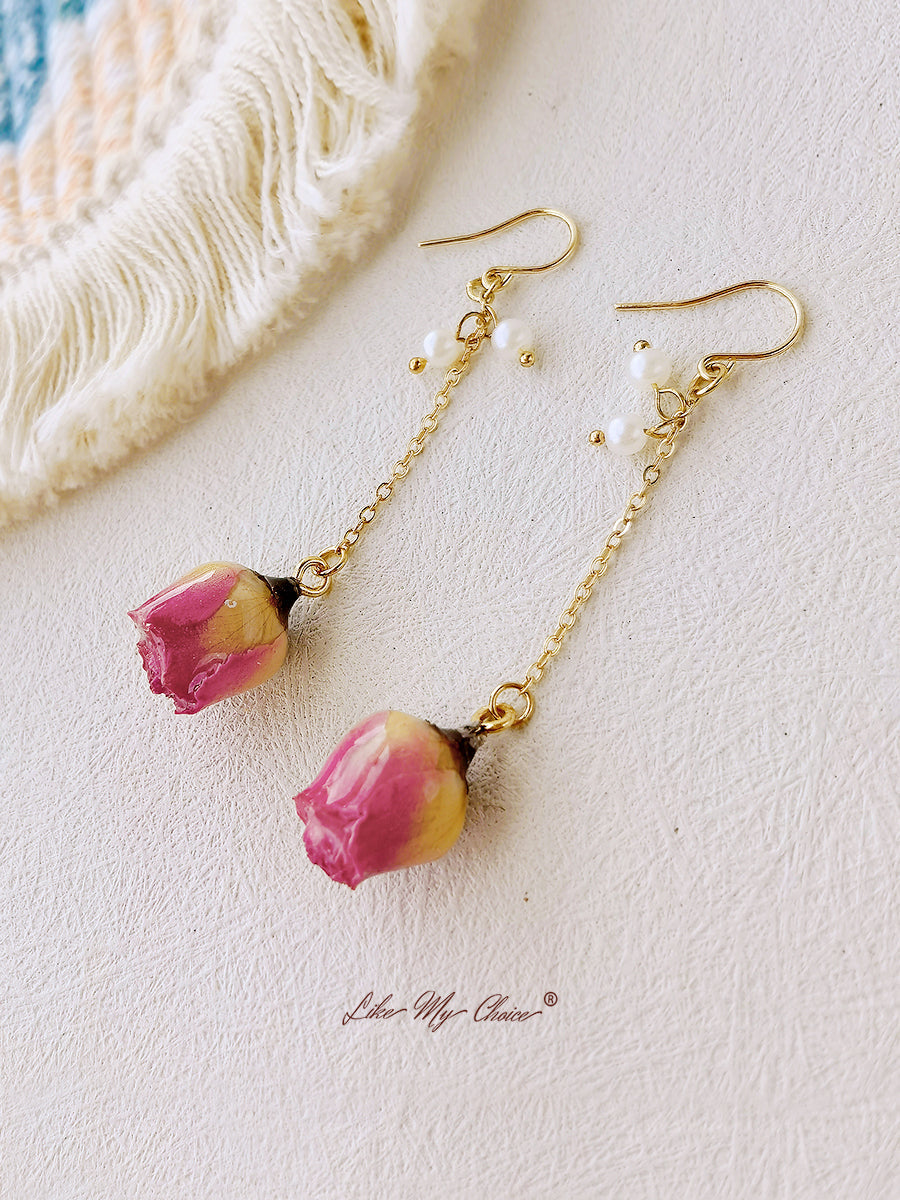 Pressed Flower Earrings - Pearl Rose Bud