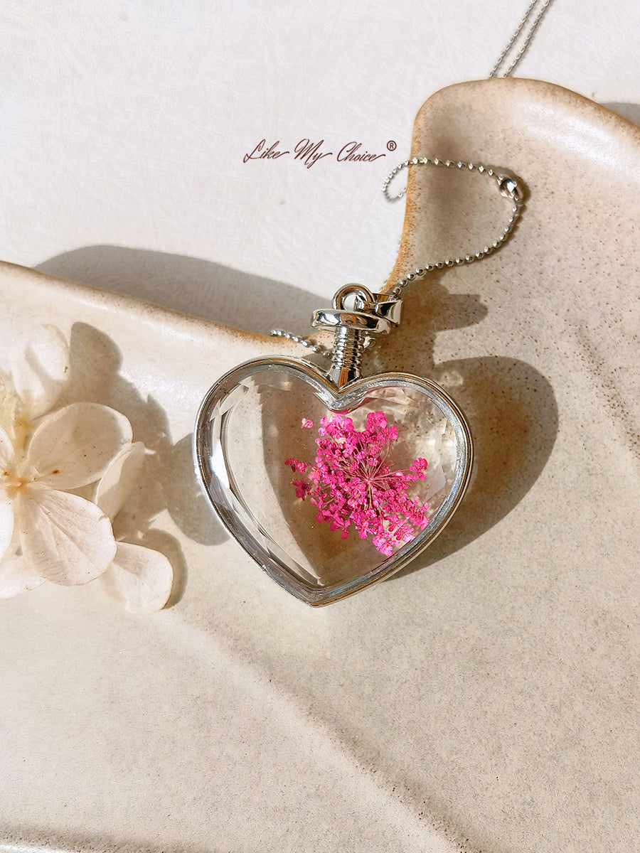 Queen Anne Lace bloemen kristalglas hart ketting