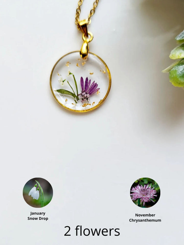 手作りの誕生花の花束プレス樹脂ペンダント ネックレス