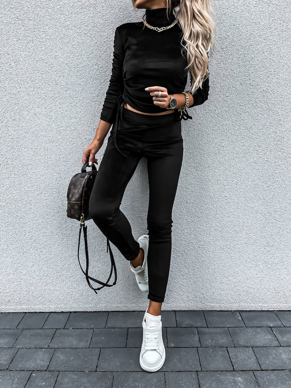 Casual Daily Solid Draw String Fold Turtleneck Long Sleeve Two Pieces
