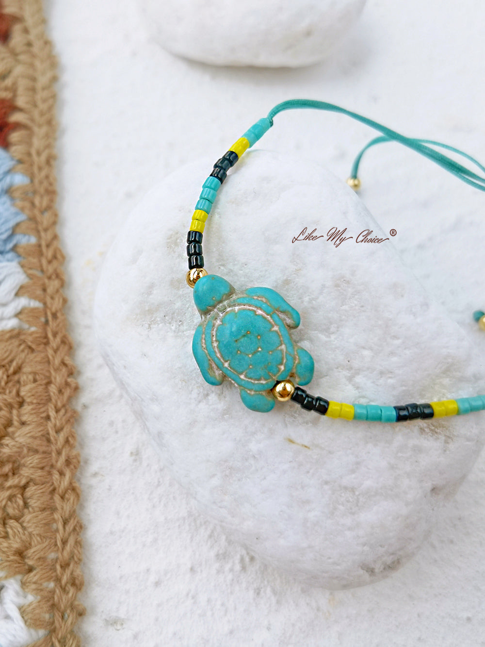 Verstellbares Perlenarmband mit Kordelzug, türkisgrün, blaue Schildkröte