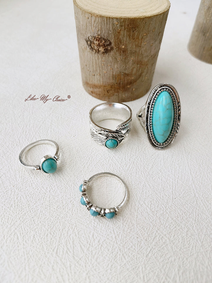 Bohemian Turquoise Feather Ring Set A Unique Look