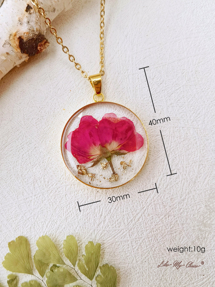 Eternal Bloom Round Necklace - Red Flower in Resin