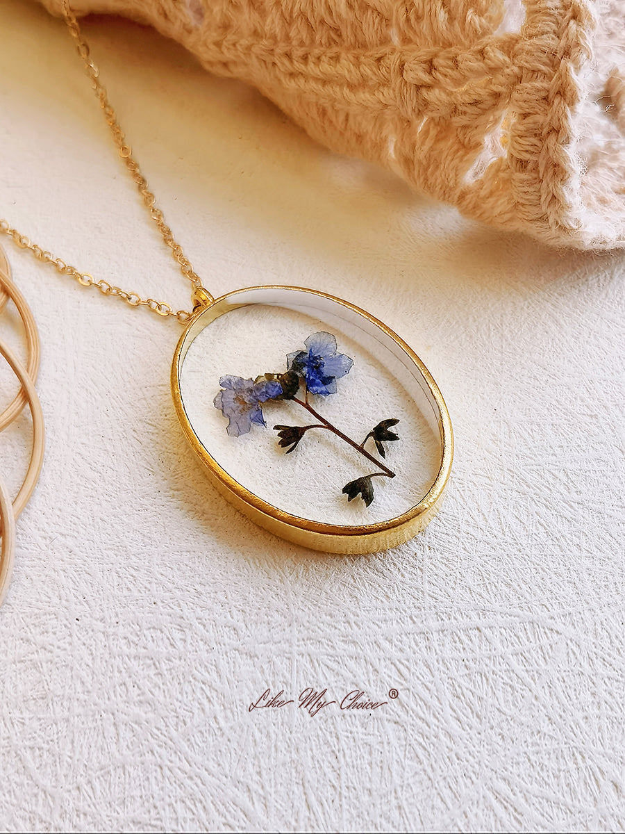 Pressed Flower Necklace -  Forget Me Not Flower Oval
